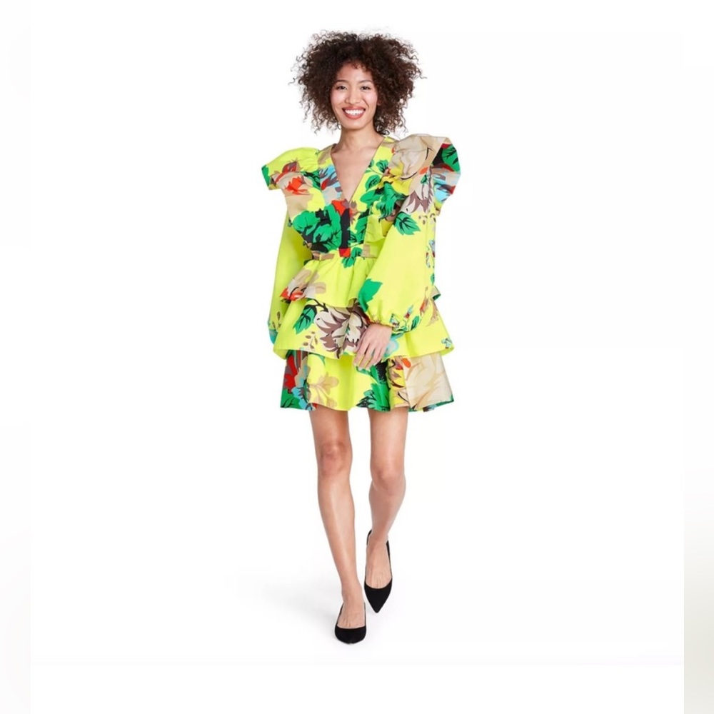 Christopher John Rogers x Target Yellow Floral Long Sleeve Ruffle Dress Size 2